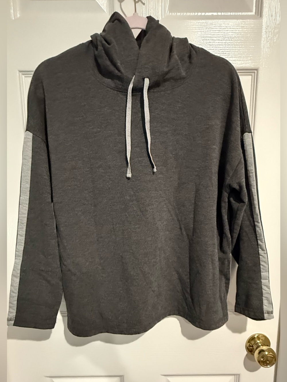 Women's Charcoal Gray Hoodie with Light Gray Sleeve Stripe